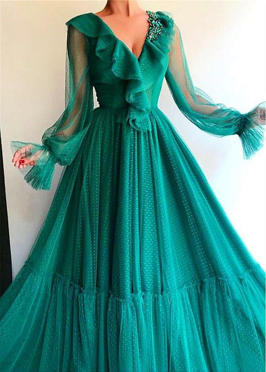 LTP0711,Green long sleeves ruffles prom dress a-line evening dresses dark green prom dresses