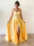 LTP0388,Yellow satin long prom dress spaghetti straps evening dresses split party gown