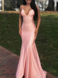 LTP0224,Beautiful Mermaid Pink V-Neck Sleeveless Sweep Train Criss-Cross Back Prom Evening Dress