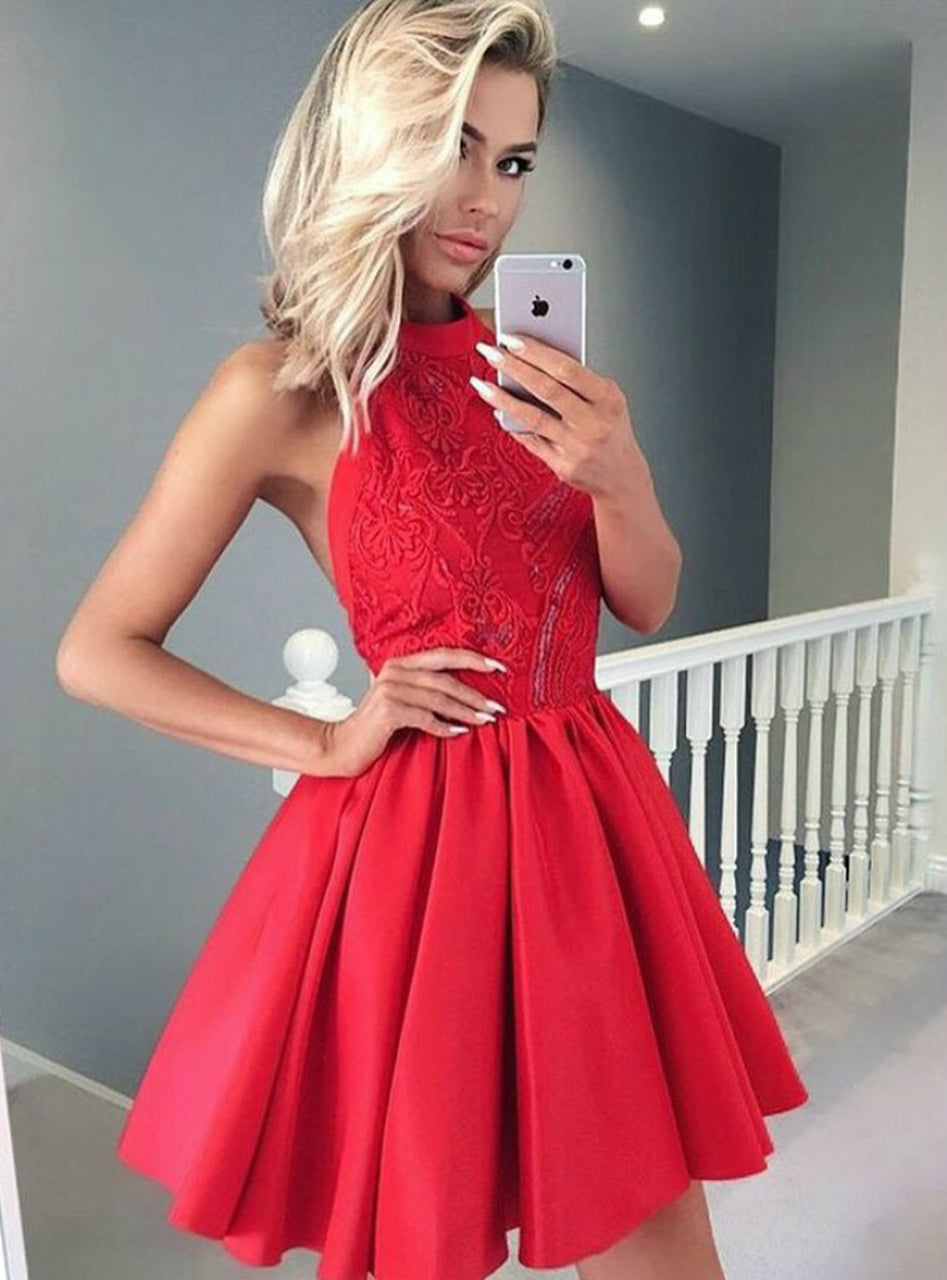 LTP0501,Red Halter Lace Sequin Homecoming Dresses Mini Party Gown