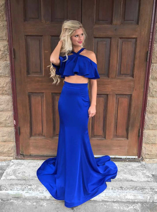 LTP0475,Two pieces ruffles mermaid long prom dress royal blue prom dresses