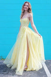 LTP0146,A Line Spaghetti Straps Yellow Lace Long Prom Dress with Slit, Yellow Lace Formal Graduation Evening Dress