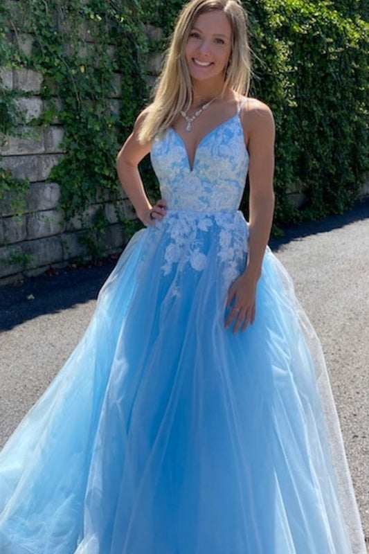 LTP0056,Sky Blue Spaghetti Straps V-Neck Lace Tulle Applique A-Line Prom Dresses Long Evening Gown