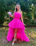 LTP1194,Hot Pink Strapless High Low Formal Gown,Tulle Prom Evening Dresses