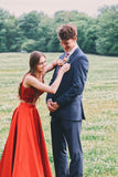 LTP0830,Two pieces red prom dresses lace top sleeveless evening dresses