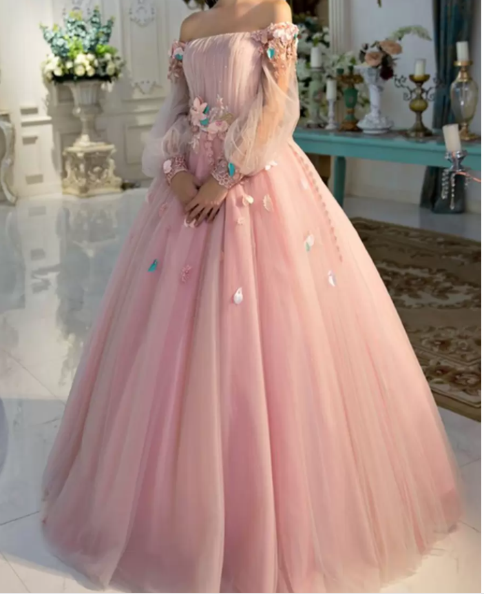 LTP1016,Long Sleeve Prom Dresses, Pearl Pink Ball Gown Long Floral Fairy Prom Dress