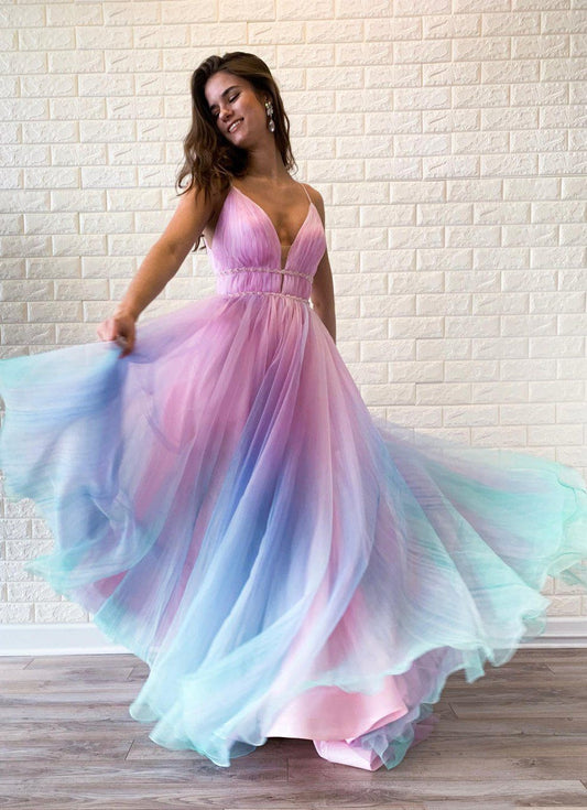 LTP0563,Unique gradient color long prom dress v-neck evening dresses