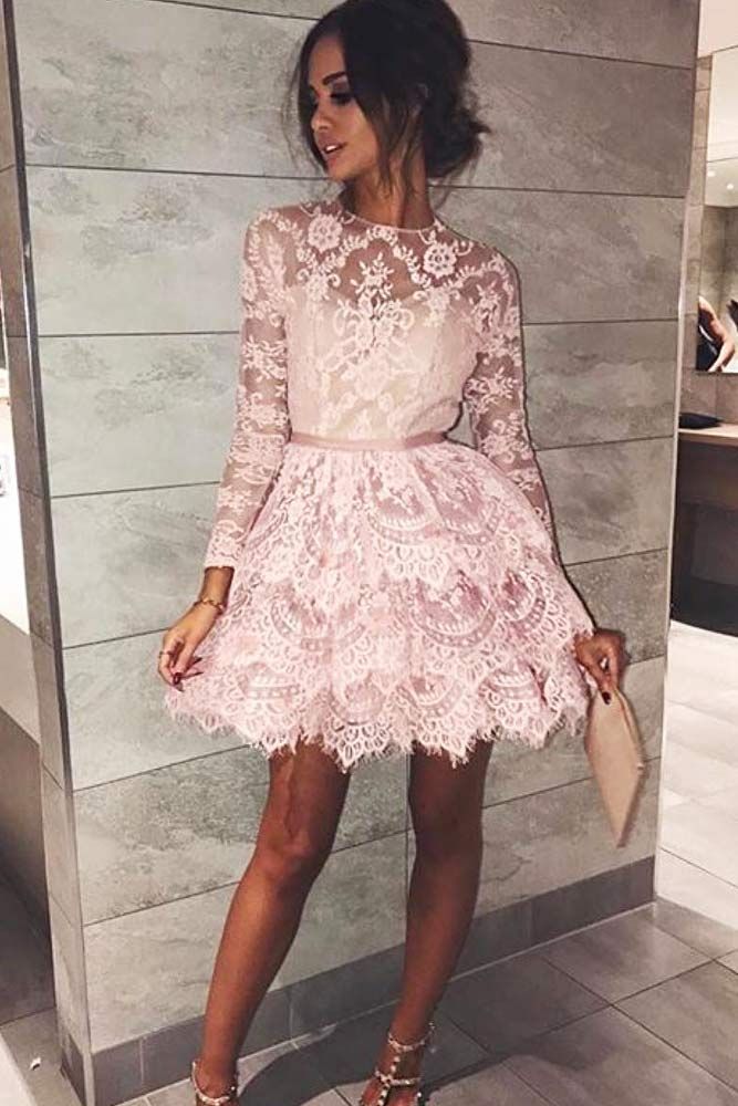 LTP0483,Pink Lace A-Line Homecoming Dresses Layers Lace Prom Dress