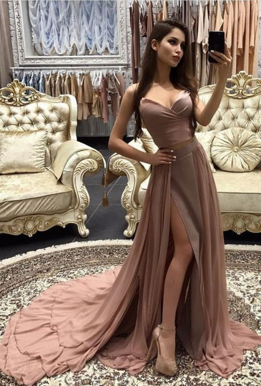 LTP0423,A-Line Square Sweep Train Split Blush Chiffon Split Side Prom Dress with Ruffles