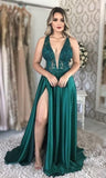 LTP01000,Elegant A-Line Green Long Prom Dress,Sexy V-Neck Applique Beaded Evening Party Dresses