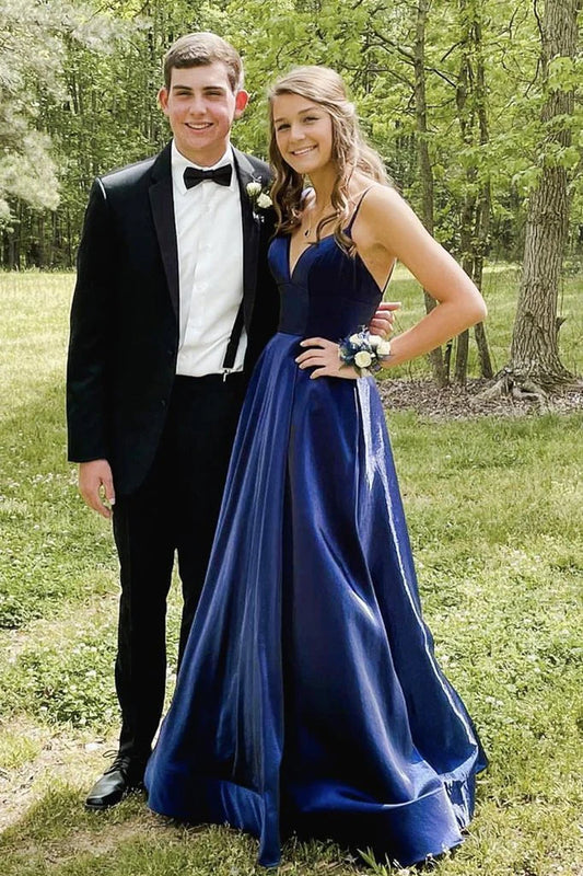 LTP1640,Simple Blue V Neck Satin Long Prom Dress Blue Formal Dress