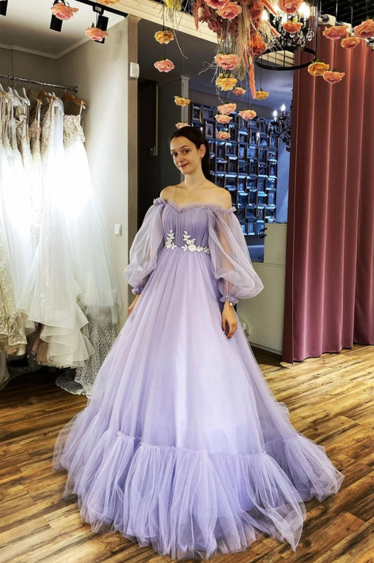 LTP1287,Amazing Off-the-shoulder Long Sleeves Beaded Appliqued Slit Tulle Prom Evening Dresses