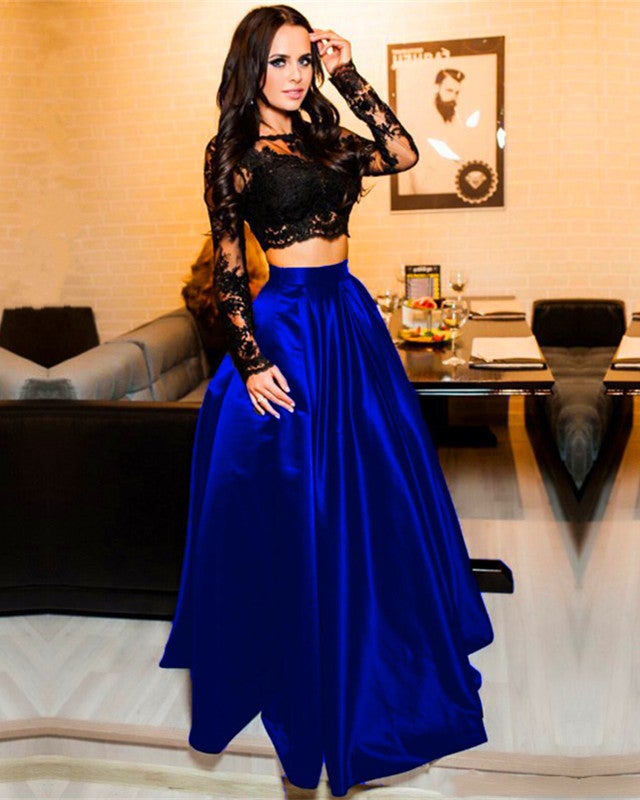 LTP0523,Two pieces prom dress black lace top evening dress long satin royal blue skirt