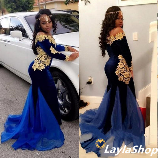 LTP0097,2021 Mermaid Royal Blue and Gold Appliques Velvet Long Sleeves Off Shoulder South African Long Prom Dress