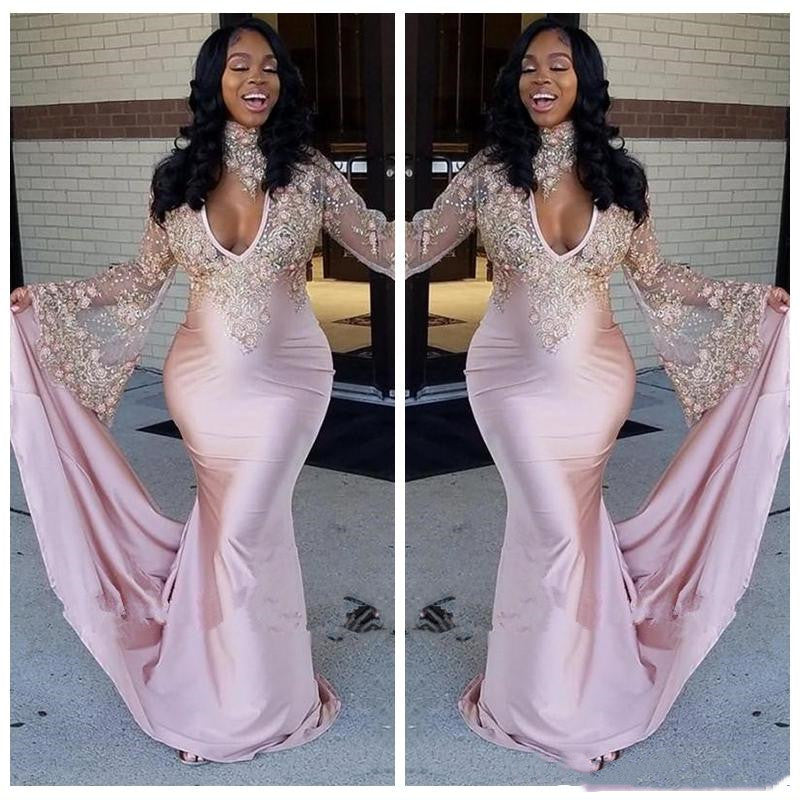 LTP0159,Deep V Neck Blushing Pink Long Sleeve Appliques Lace Sheer Mermaid Satin Prom Dresses