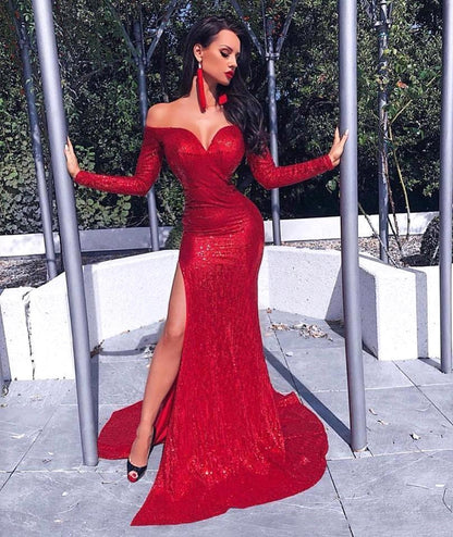LTP0178,Off the shoulder long prom dress red sequin bodycon evening dresses