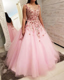 LTP0757,Princess dress pink 3D floral tulle ball gown long prom dresses