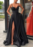 LTP0290,Black Spaghetti Straps Long Prom Dress Ball Gown A-Line Satin Evening Dress