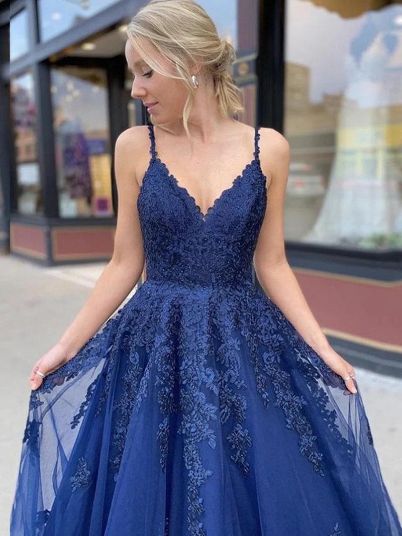 LTP0868,2022 Navy Blue Prom Dresses,Tulle Evening Dress,Applique Long Prom Dress Party Gown