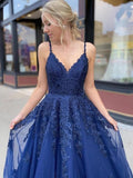 LTP0868,2022 Navy Blue Prom Dresses,Tulle Evening Dress,Applique Long Prom Dress Party Gown