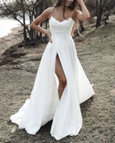 LTP1624,Romantic White Pleated Spaghetti Straps A-Line Wedding Gown White Bridal Dresses With High Split