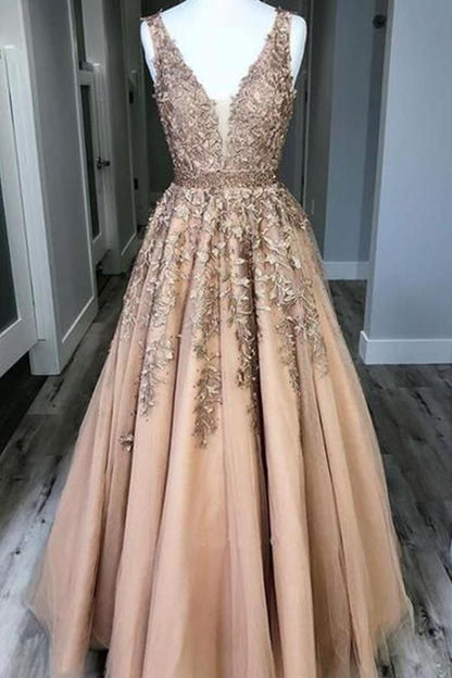 LTP0566,Deep V Neck Sleeveless Lace A Line Tulle Prom Dress