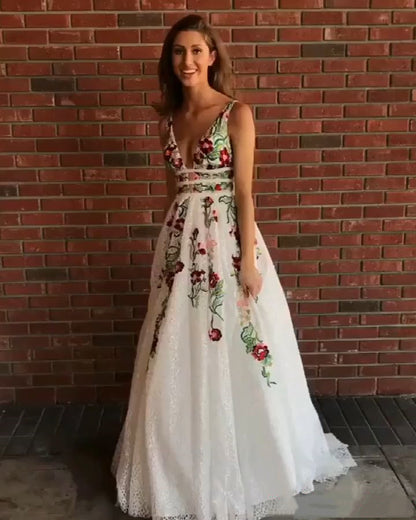 LTP0561,Elegant white embroidery long prom dress lace a-line formal party dresses