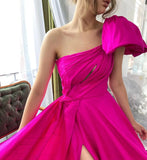 LTP1169,Fuchsia One Shoulder Hot Pink A-Line Satin Long Evening Prom Dresses