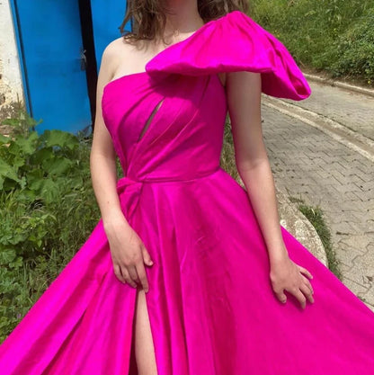 LTP1169,Fuchsia One Shoulder Hot Pink A-Line Satin Long Evening Prom Dresses