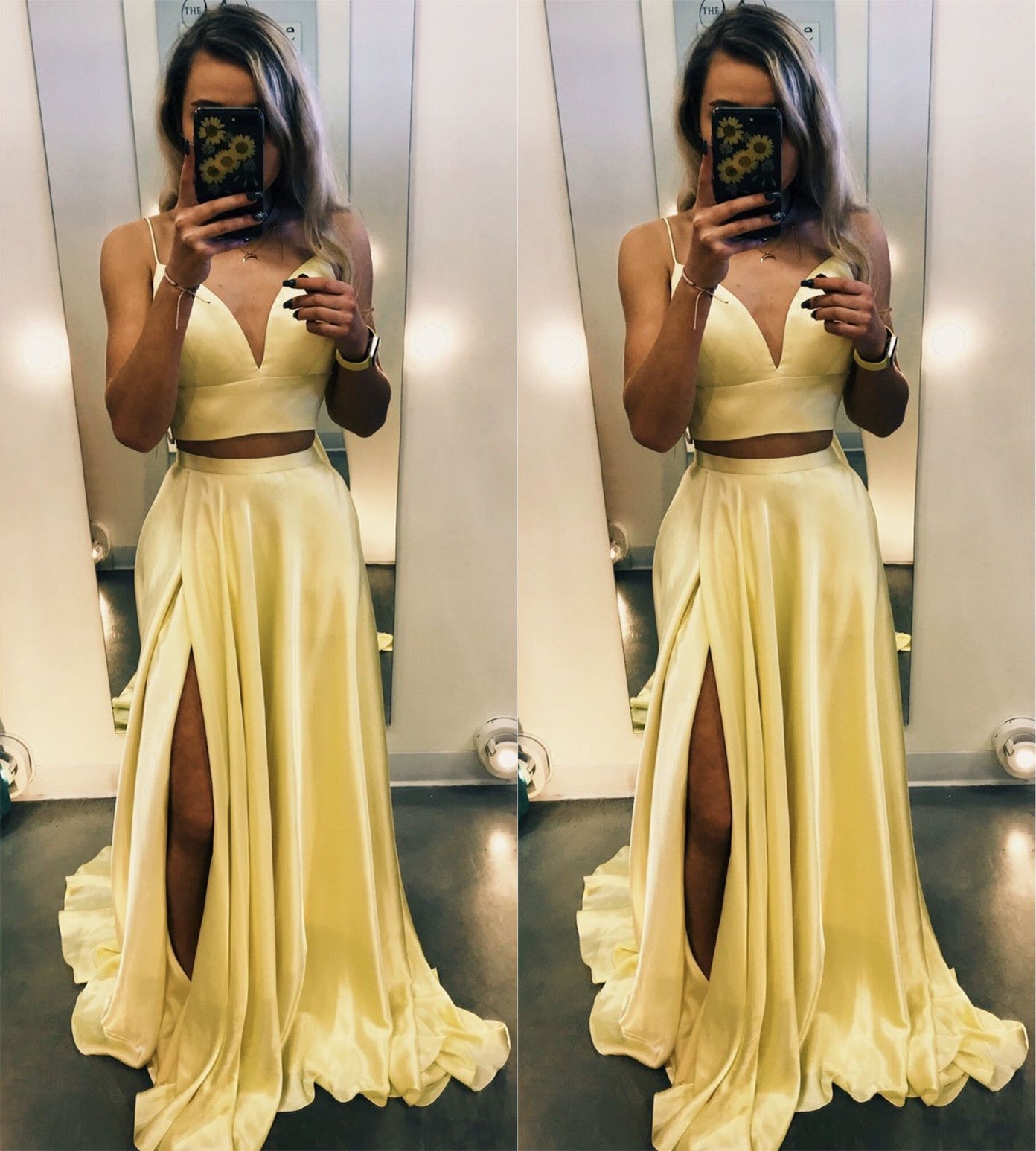LTP0778,Two pieces prom dresses,yellow satin evening dress,a-line formal gown