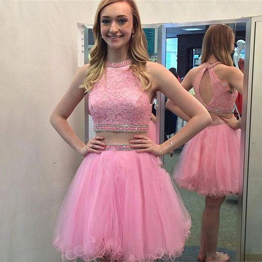 LTP1296,Sweet Pink Two Pieces Lace Beaded Homecoming Dresses