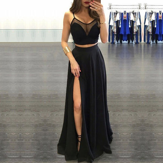 LTP0314,Black Two Pieces Prom Dresses Spaghetti Straps Long Evening Dresses