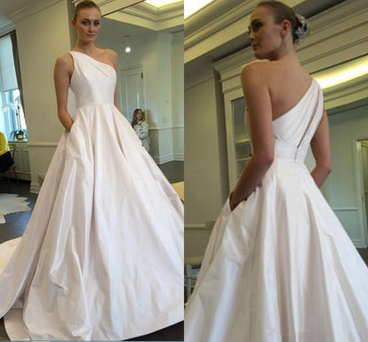 LTP1132,White one shoulder satin long wedding dresses,white prom dresses,long bridal dress wedding gown
