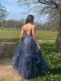 LTP1050,Gray blue v neck tulle lace long prom dress blue formal dress