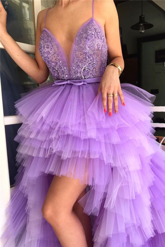 LTP0666,Spaghetti straps purple tulle prom dresses applique beaded v-neck long evening party dress
