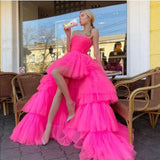 LTP0948,Princess A Line High Low Strapless Pink Long Prom/Evening Dress Ruffles