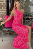 LTP1321,Neon Pink Sequins One-Shoulder Backless Long Formal Dress
