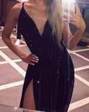 LTP0028,A-Line V Neck Backless Long Prom Dresses,Black One Shoulder Evening Dress with Side Slit