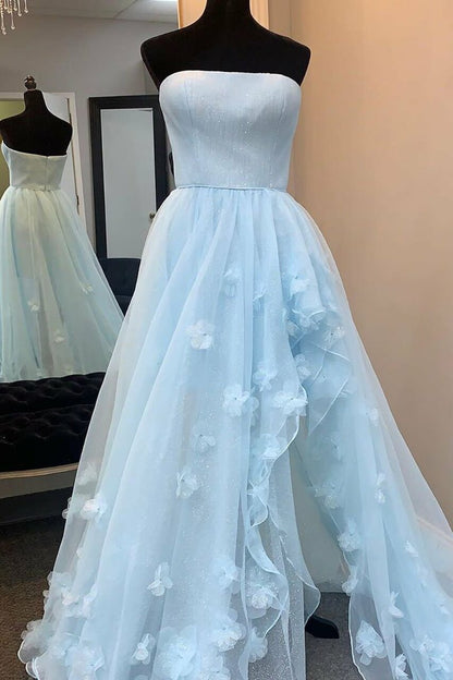 LTP0964,Princess Strapless High Low Appliques Light Blue Prom Dress