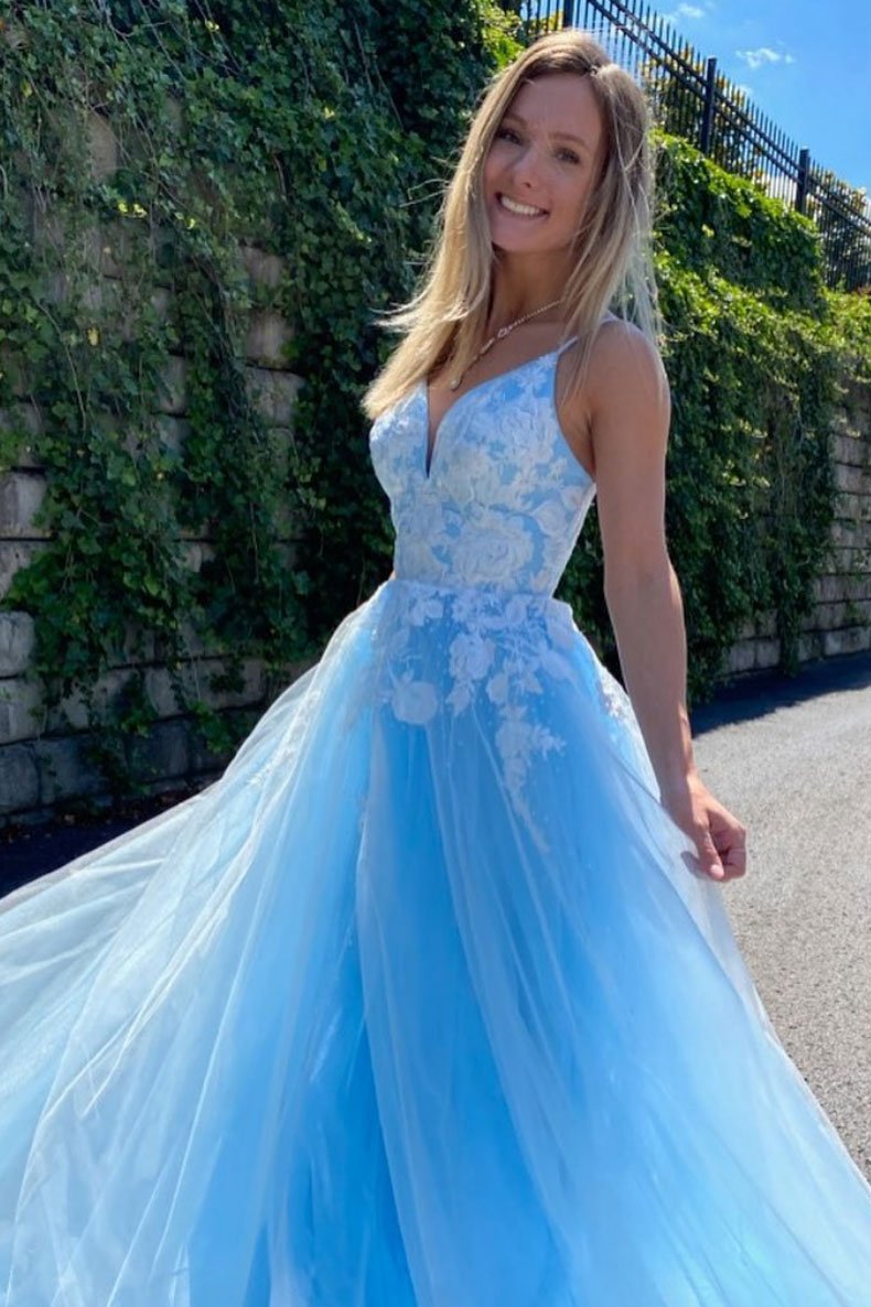 LTP0056,Sky Blue Spaghetti Straps V-Neck Lace Tulle Applique A-Line Prom Dresses Long Evening Gown