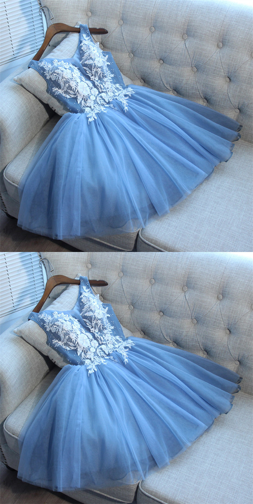 LTP0630,Blue v-neck mini prom dress tulle applique beaded homecoming dresses