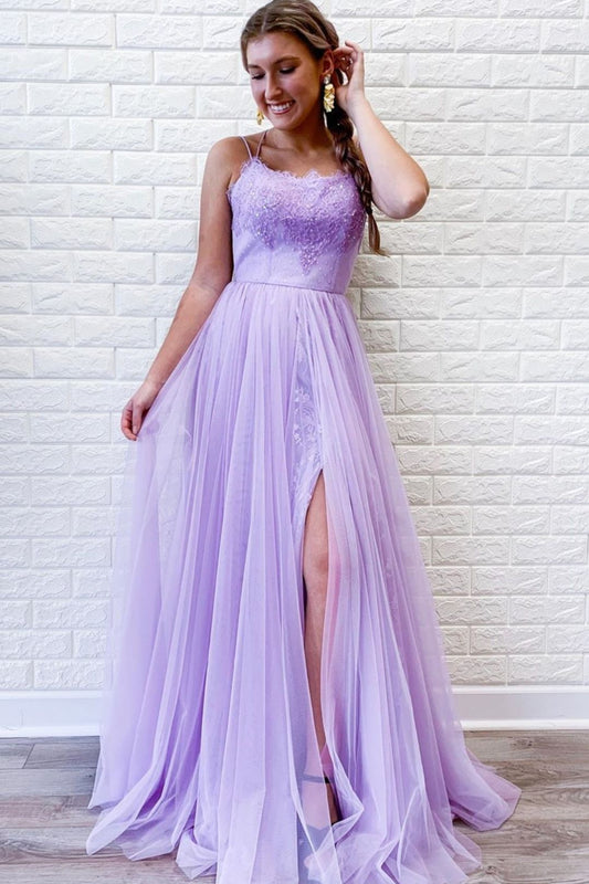 LTP0903,Long Prom Dress with Slit,Purple Formal Dress,Lilac Evening Dress,Lace Dance Dresses,Tulle Graduation School Party Gown