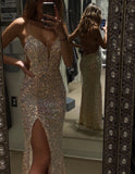 LTP0124,Gold sequin long prom dress spaghetti straps evening dress