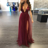 LTP0087,Burgundy tulle long prom dress deep v neck sexy prom dresses