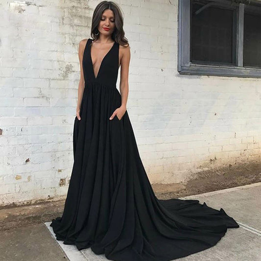 LTP0292,Sexy black deep v-neck satin prom dresses a line evening party dress formal gown long