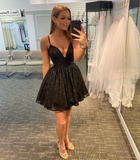 LTP0535,Black A-Line Homecoming Dresses Spaghetti Straps v-Neck Graduation Gown