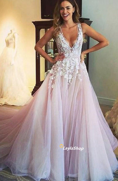 LTP0704,Light pink prom dress long v-neck applique evening party dress