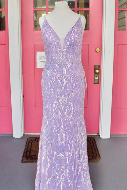 LTP1319,Dusty Purple Sequined Jacquard V-Neck Long Formal Dress