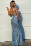 LTP1320,Sky Blue Sequin One-Shoulder Backless Long Prom Dress