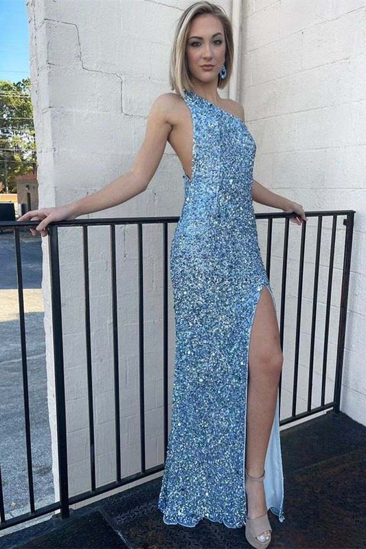 LTP1320,Sky Blue Sequin One-Shoulder Backless Long Prom Dress